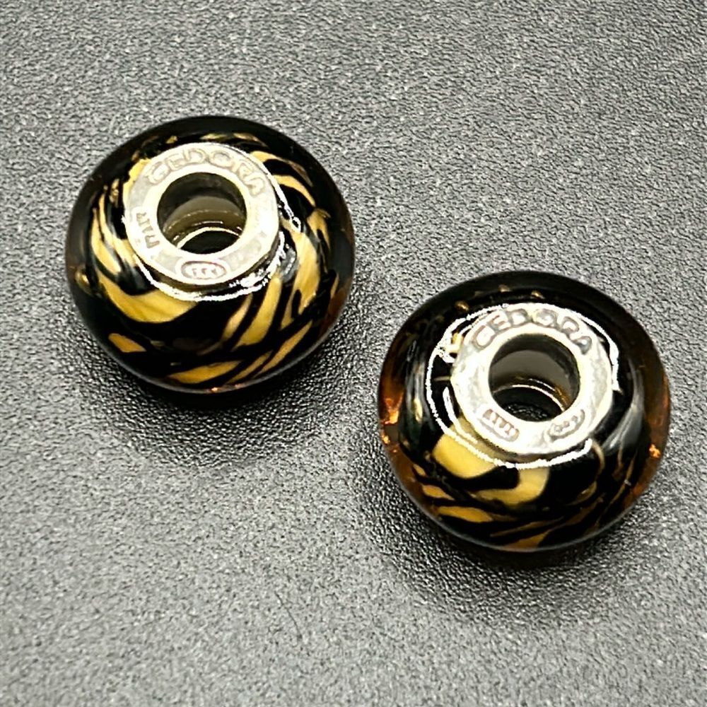 Set of Two Tedora Italy Murano Glass Sterling Silver Tiger Print Beads Charms - Picture 2 of 5